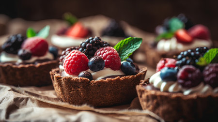 Chocolate tartlets with whipped cream and fresh berries, selective focusの素材