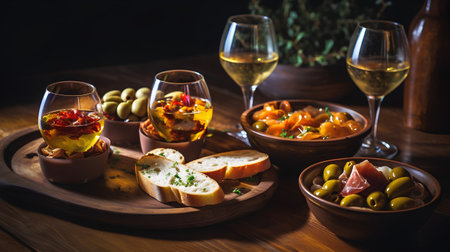 Spanish tapas in glasses on a wooden table. Selective focus.の素材