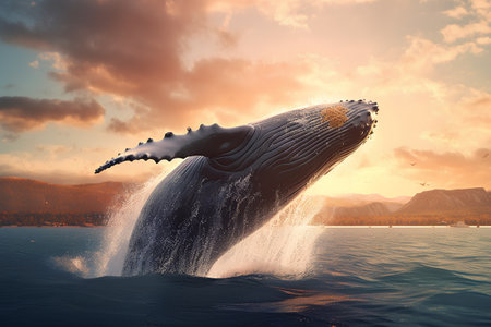 Whale splashing out of water at sunset. 3d renderingの素材