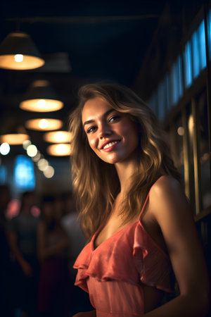Portrait of a beautiful young woman in a nightclub at night.の素材