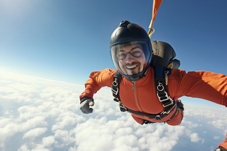 Skydiving. Men in orange skydiving. Extreme sport.の素材