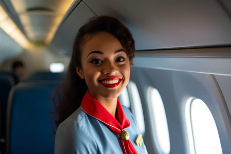 Portrait of a beautiful stewardess in the cabin of the planeの素材