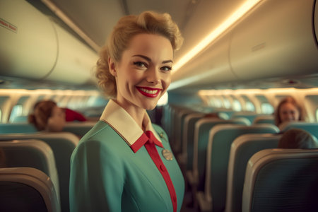 Portrait of a beautiful stewardess in the cabin of the aircraftの素材