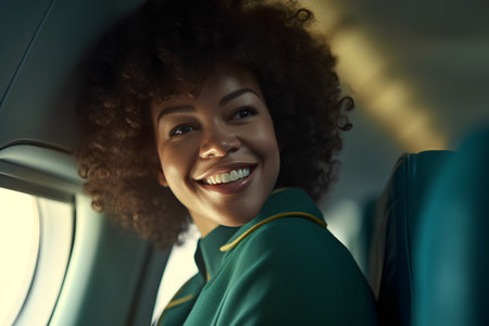 Portrait of a beautiful african american woman in an airplaneの素材