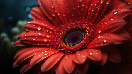 Close up of red gerbera flower with water drops on petalsの素材