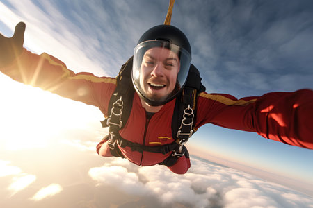 Skydiving. Men in parashute. Skydiving sport. Extreme hobby.の素材