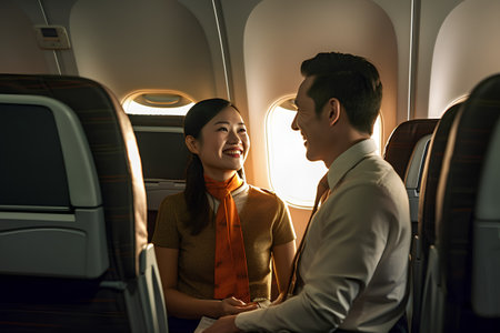 Happy asian couple looking at each other while sitting in airplane cabinの素材