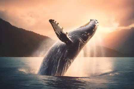 Humpback whale jumping out of the water. 3D Renderingの素材