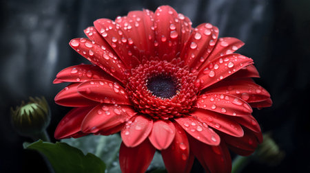 Beautiful red gerbera flower with water drops on dark backgroundの素材