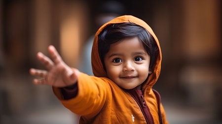 Adorable indian baby boy waving his hand and looking at cameraの素材