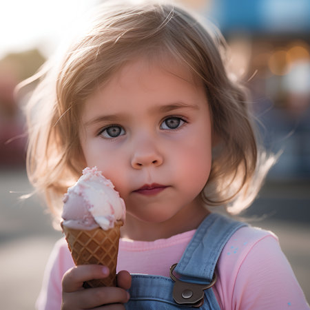 Cute little girl eating ice cream outdoors on sunny day. Selective focus.の素材