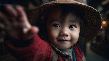 Portrait of asian baby boy wearing hat and looking at cameraの素材