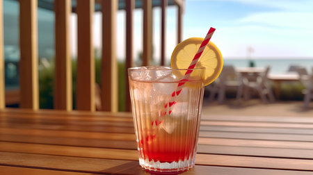 Cocktail with lemon and ice in a glass on the beachの素材