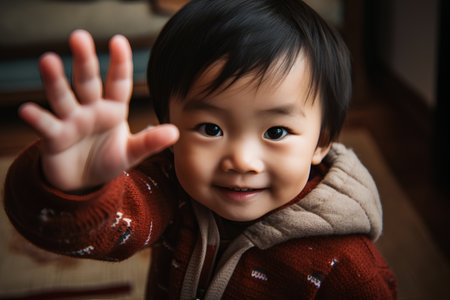 Portrait of cute asian baby girl in red sweater with hand upの素材