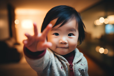 Asian Chinese little girl showing victory sign in the living room at homeの素材