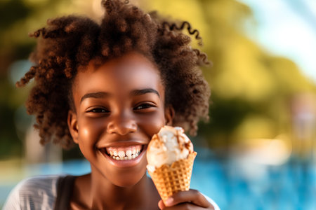 happy african american woman eating ice cream at poolside in summerの素材