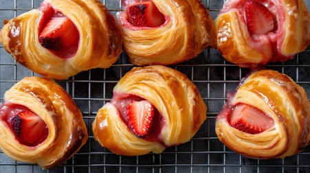 Strawberry croissants on a cooling rack, selective focus.の素材