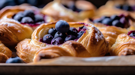 Close up of fresh baked berry croissants on wooden boardの素材