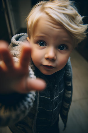 Portrait of a little boy with blond hair in a warm sweater.の素材