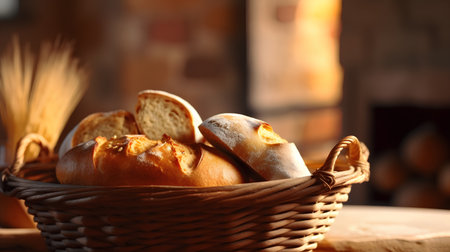 Bread in a basket on a wooden table. Selective focus.の素材