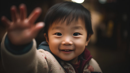 Portrait of cute asian baby boy smiling and waving hand.の素材