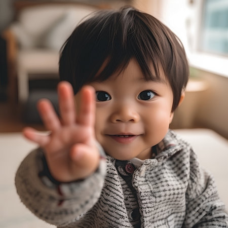 Portrait of a cute little asian baby boy showing stop hand gestureの素材