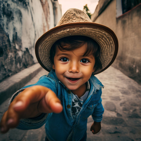 Portrait of a little boy in a hat and jeans jacket on the streetの素材