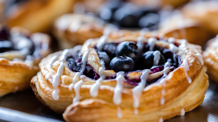 Freshly baked buns with blueberries, close up, selective focusの素材