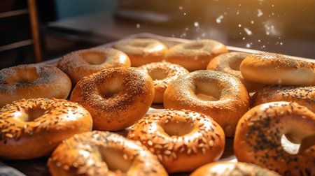 Freshly baked bagels with sesame seeds in bakery shop.の素材