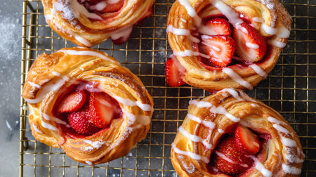 Freshly baked buns with fresh strawberries on a cooling rack.の素材