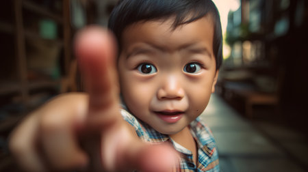 Portrait of a cute asian baby boy pointing with his fingerの素材