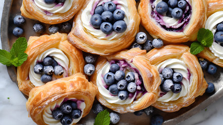 Delicious berry puff pastry with whipped cream and fresh blueberriesの素材