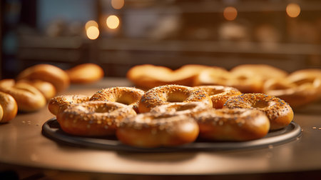 Freshly baked bagels with sesame seeds on the table in bakeryの素材