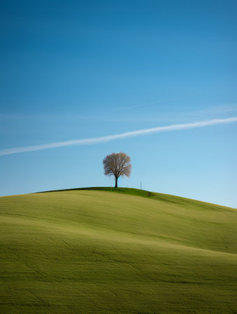 Lonely tree on a hill with a blue sky in the backgroundの素材