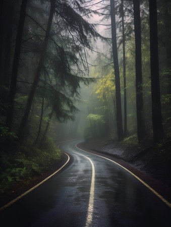 Foggy road in the forest. Conceptual image of travelの素材