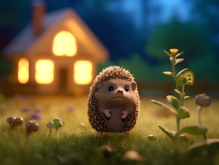 Hedgehog in front of a house. 3D rendering.の素材