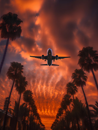Airplane flying over palm trees at sunset, 3d render illustrationの素材