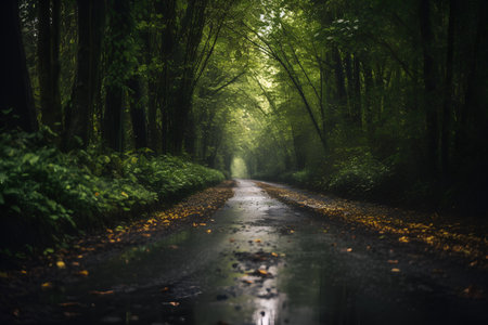 Wet asphalt road through the green deciduous forest in the morningの素材