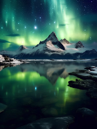 Northern lights over the lake with mountains in the background Illustrationの素材