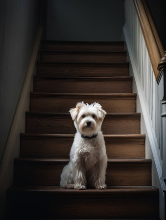 Cute little dog sitting on the stairs and looking at the cameraの素材