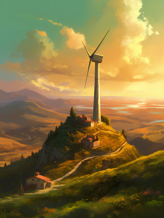Wind turbine on the mountain at sunset. 3d render illustration.の素材