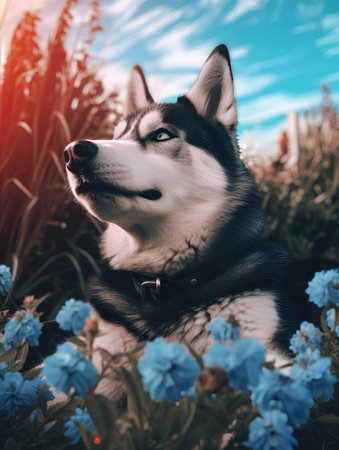 Siberian Husky dog lying in the grass with blue flowersの素材