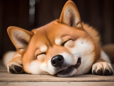 Shiba inu dog lying on wooden floor, close up.の素材