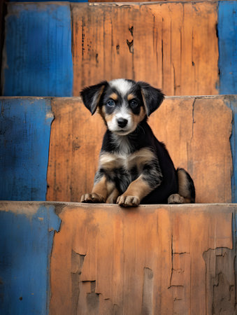 Cute puppy sitting on the stairs. Dog on the background of a blue wallの素材