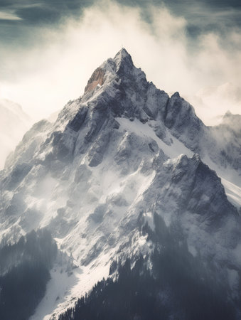 Beautiful winter landscape with snow-capped mountains in clouds.の素材