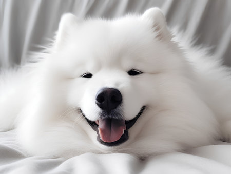Cute Samoyed dog lying on a bed. Close-up.の素材