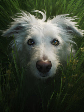Portrait of a white dog with blue eyes in the grass.の素材