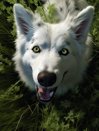 Portrait of a white dog with green eyes in the grass.の素材