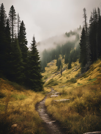 Hiking trail in the mountains with fog and coniferous forestの素材