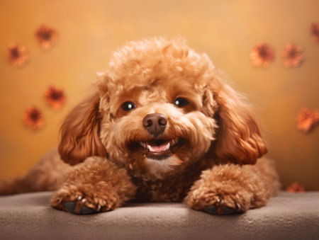 Cute brown poodle puppy lying on a brown background with autumn leavesの素材